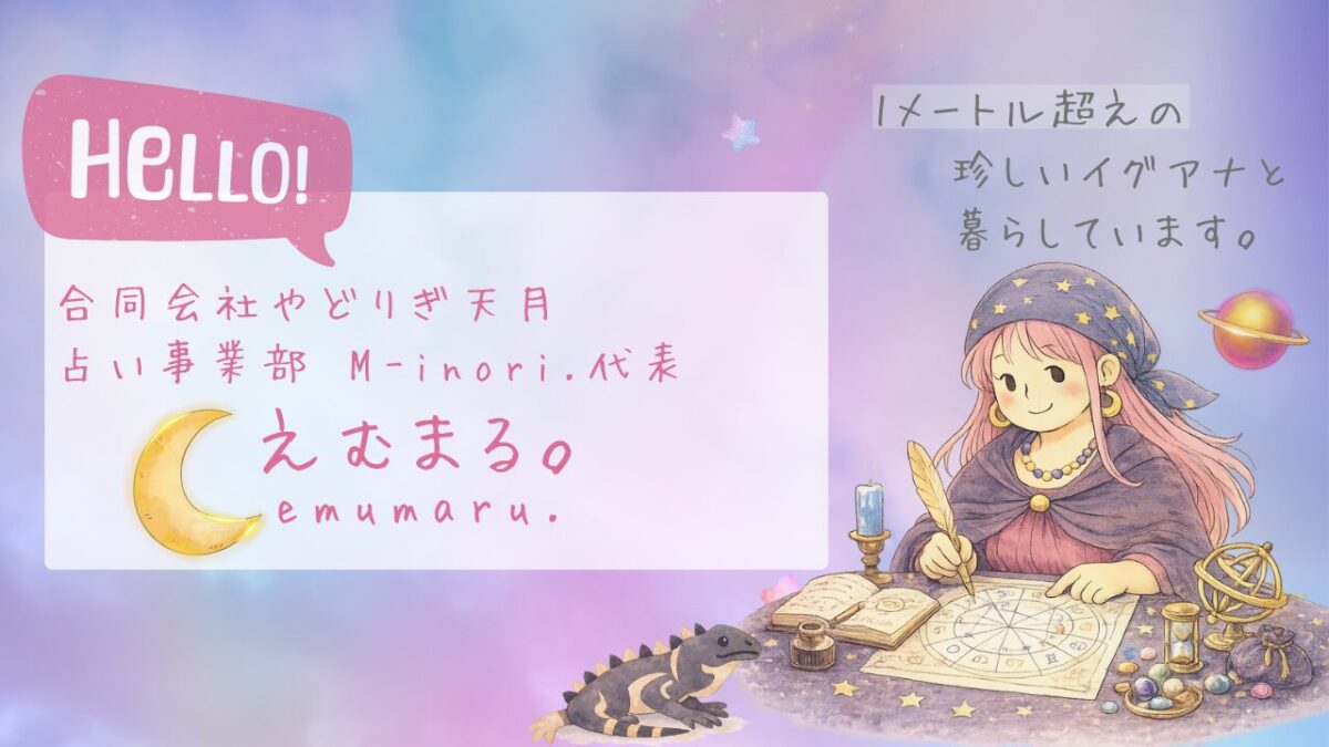 占い師えむまるのプロフィールに本人のイラストと飼っているイグアナの絵が描かれている