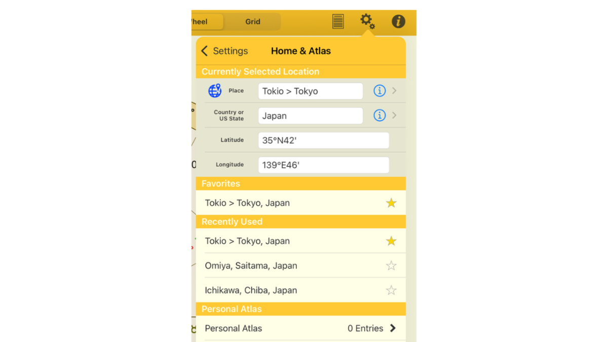 Astro Gold for iOSの「ホームとアトラス」設定画面。ホームロケーションとして都市と国を入力する様子