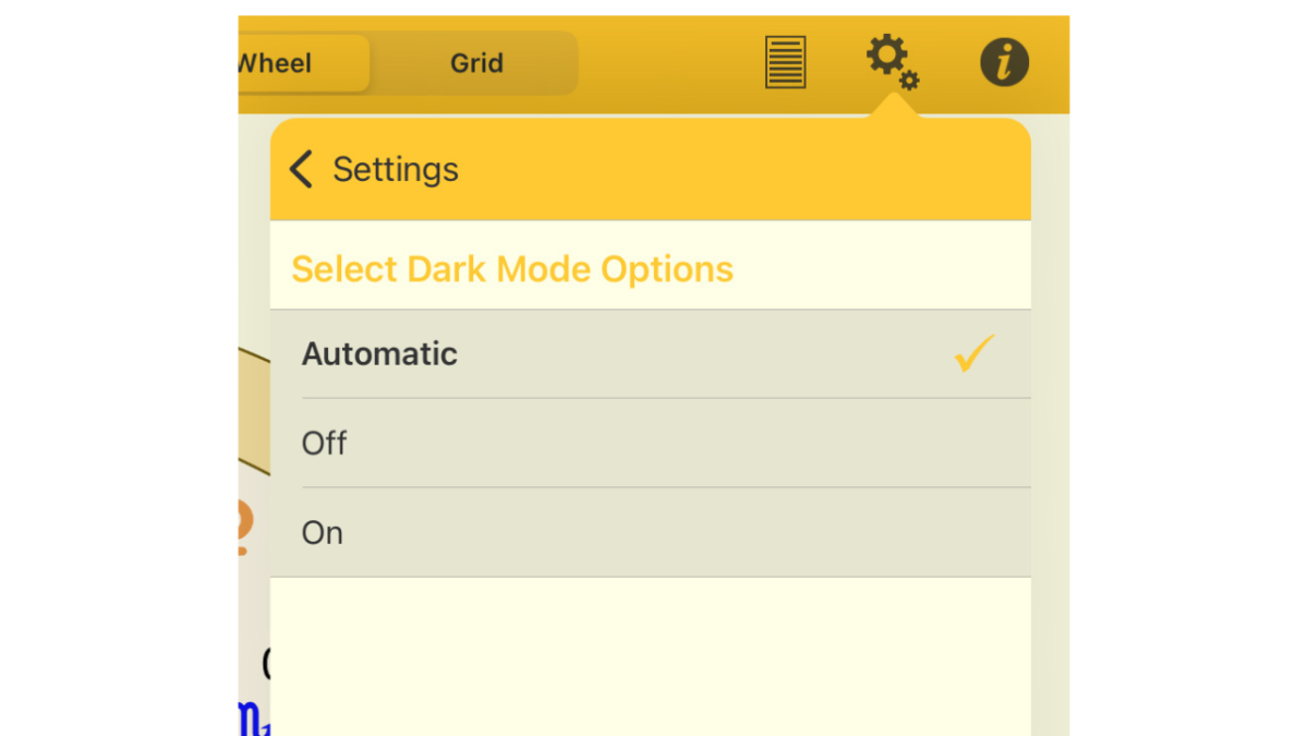 Astro Gold for iOSのダークモード選択肢。「Automatic」「Off」「On」の3つが表示された画面