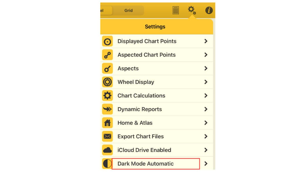Astro Gold for iOSの設定メニュー画面。「Dark Mode Automatic」が下部に表示されている