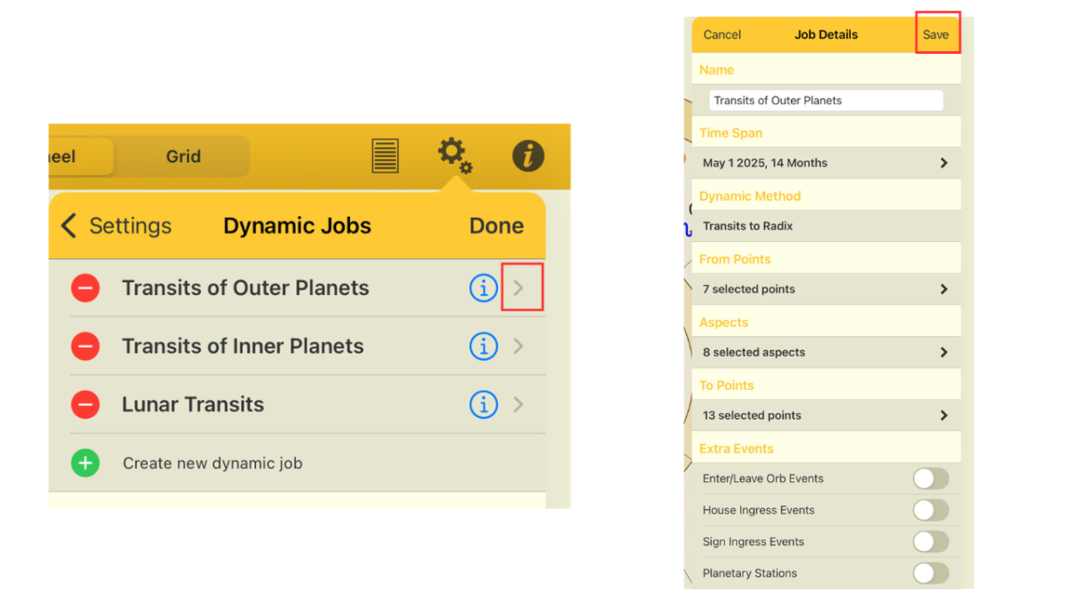 Astro Gold iOSのDynamic Jobs画面。Outer Planetsジョブを選択して設定画面に進んだ様子。Time Span、From Points、To Points、Extra Eventsなどの項目をカスタマイズできる設定詳細画面の画像