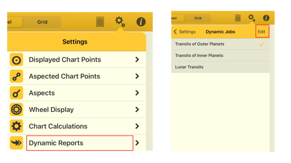 Astro Gold iOS設定メニューのスクリーンショット。Dynamic Reportsを選択し、Dynamic Jobsの一覧(Outer/Inner/Lunar Transits)が表示される画面を併記。Editボタンの位置も示している。