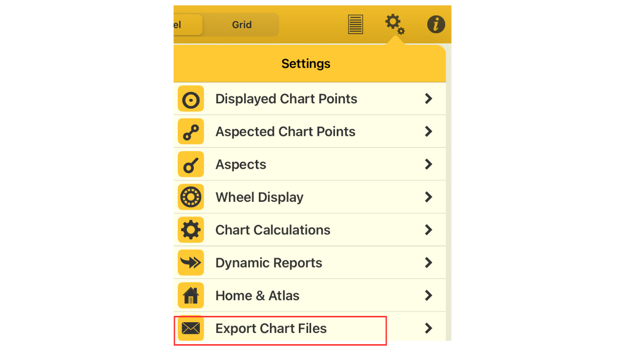 Astro Gold for iOSの設定メニュー画面。最下部に「Export Chart Files」が表示されているスクリーンショット。