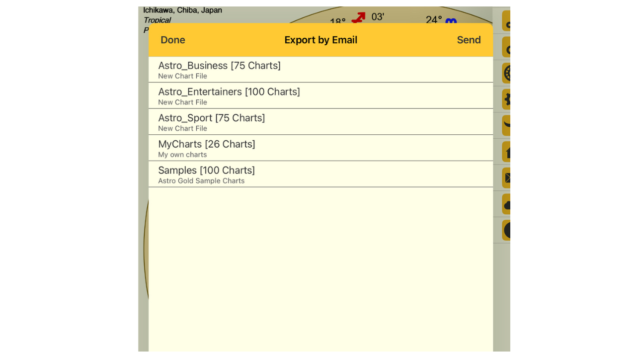Astro Gold for iOSでチャートファイルを書き出す画面。チャートグループがリスト表示され、右上に「Send」ボタンがある様子。