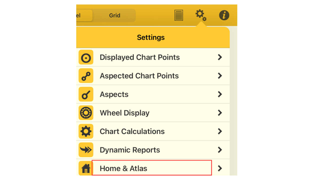 Astro Gold iOSの設定メニュー画面。「Home & Atlas」を選択する場所を赤い枠で示している。