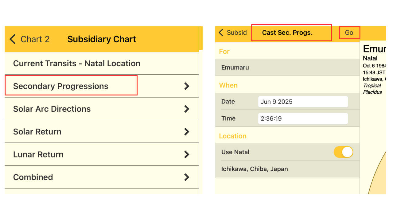 Secondary Progressionsから進行図を作成するためにCast Sec. Progs.の設定を入力しているAstro Goldの操作画面