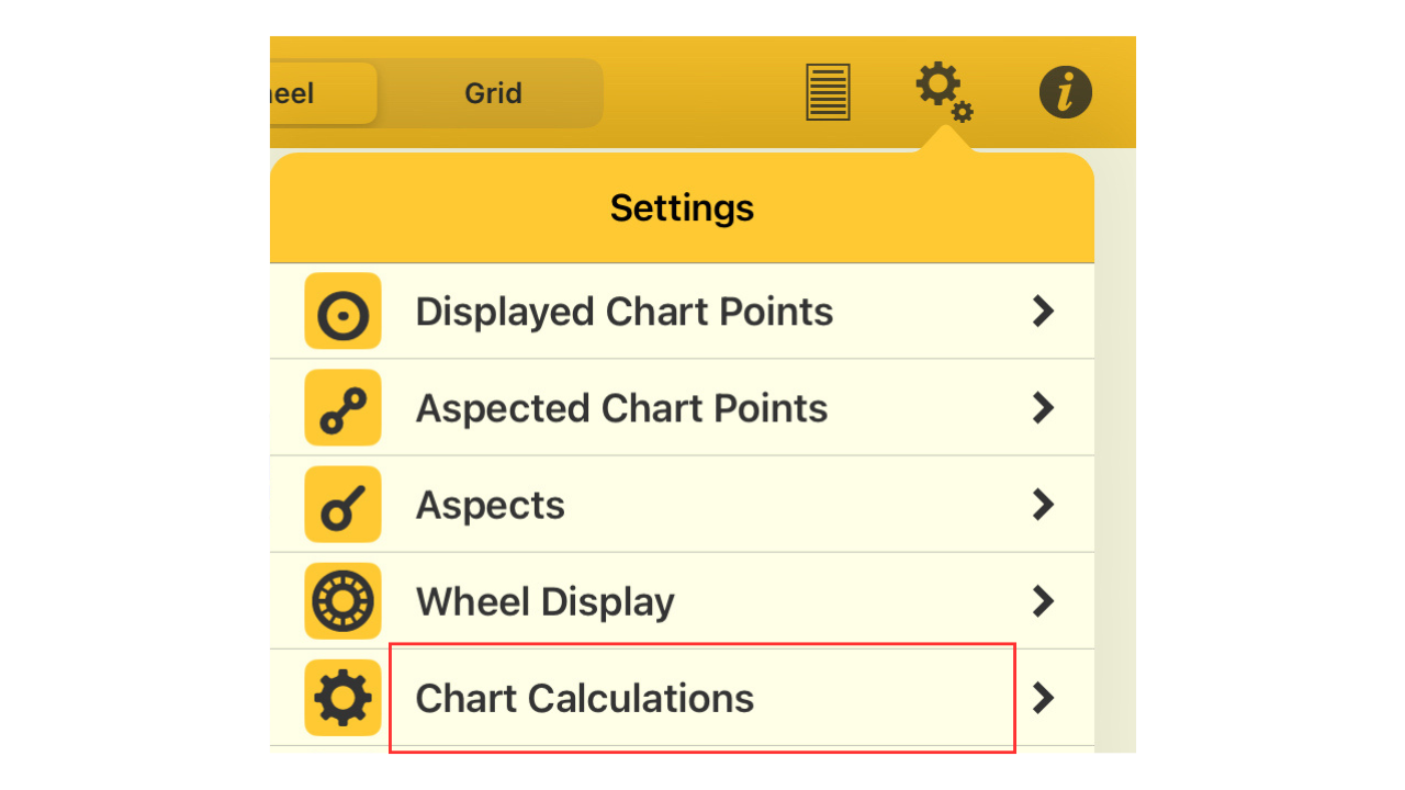 Astro Gold iOS日本語マニュアル第3章(4):チャート計算の設定。SettingsメニューからChart Calculationsをタップする操作手順のスクリーンショット。
