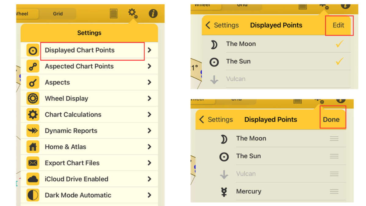 Astro Gold for iOSの設定画面で「Displayed Chart Points」を開き、天体の表示選択と表示順を変更する一連の操作手順