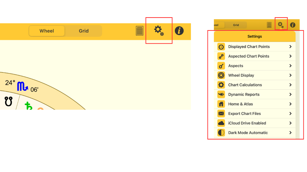 Astro Gold for iOSアプリの「設定(Settings)」画面。ホイール表示やアスペクトの選択、ハウスシステム、表示色や保存設定など、多彩なカスタマイズが可能な設定メニューの一覧(iPad画面のスクリーンショット)。