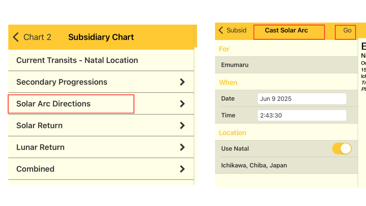 Astro GoldでChart 2からSubsidiary Chartを選択し、ソーラーアークチャート作成画面へ進む操作の様子