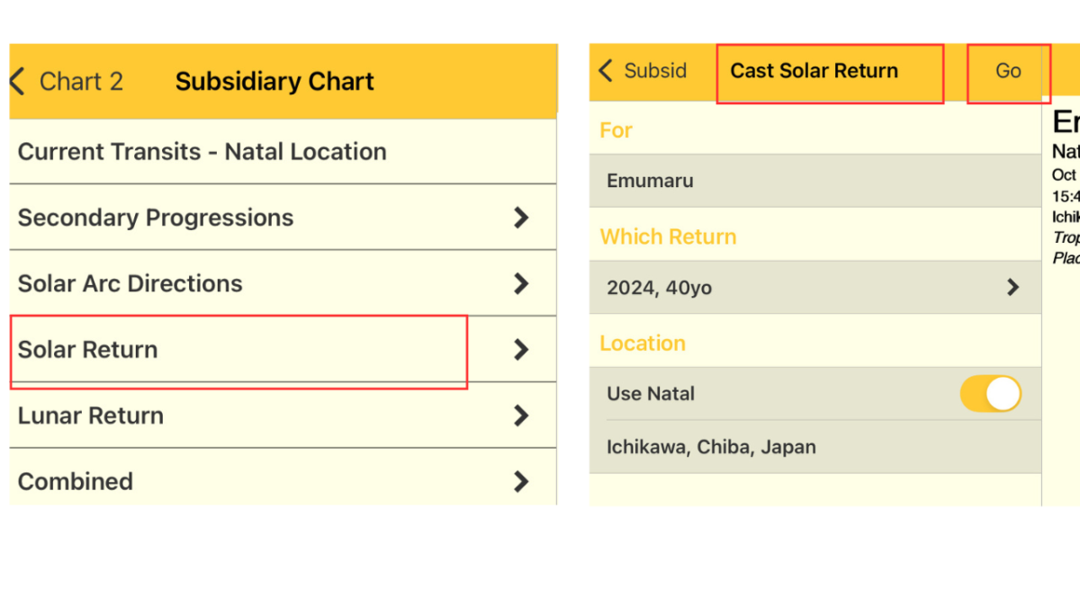 Astro GoldのSolar Returnチャート作成画面でCast Solar ReturnボタンやGoボタンが表示されている操作例
