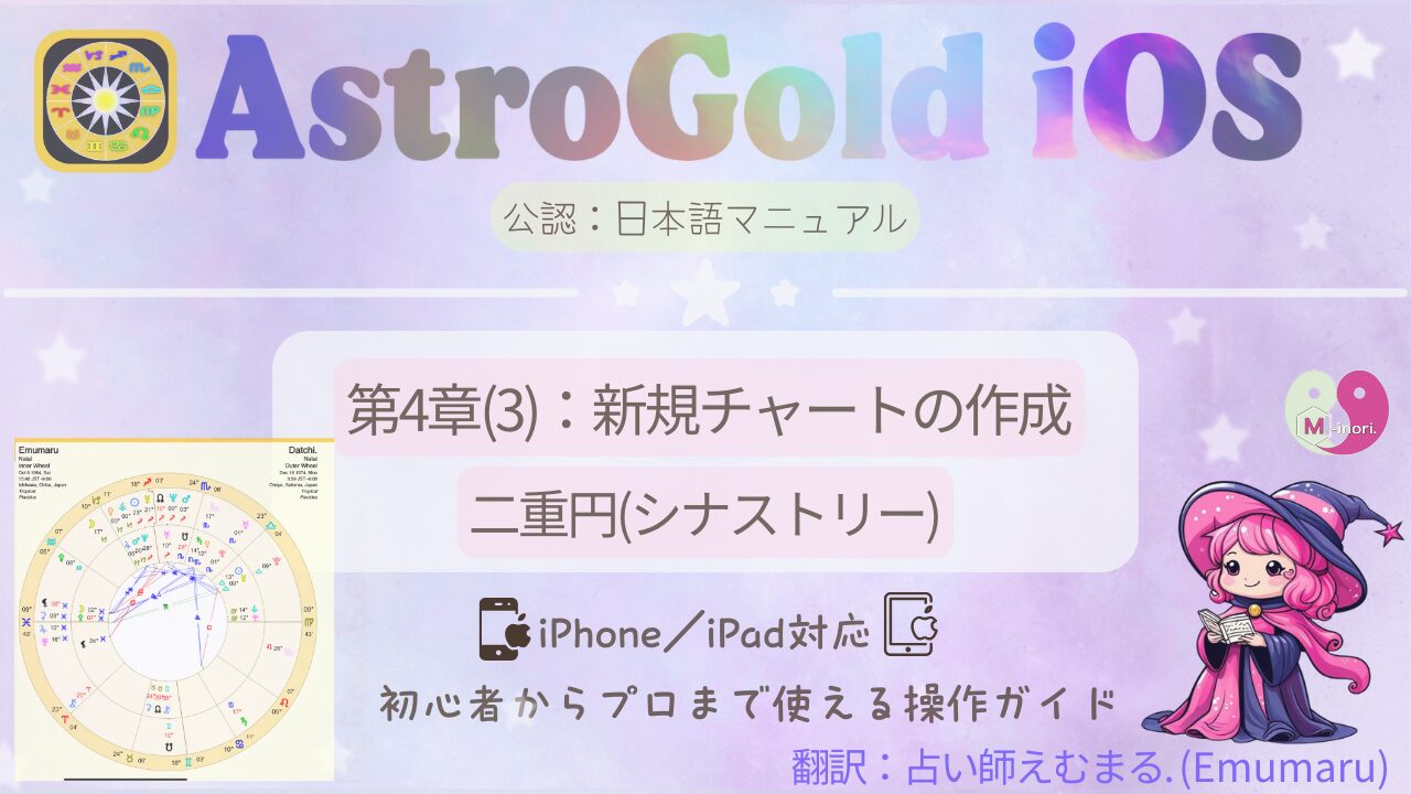 Astro Gold日本語マニュアル第4章(3)「新規チャートの作成|二重円(シナストリー)」のアイキャッチ画像。えむまるとだっちのチャート図付き。