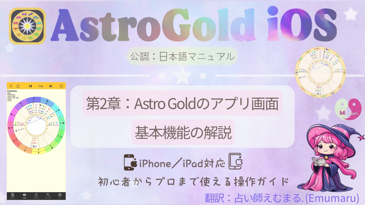 Astro Gold iOS日本語マニュアル第2章:アプリ画面と基本機能の解説。ホロスコープ画面とキャラクターが描かれたパステル背景のアイキャッチ画像