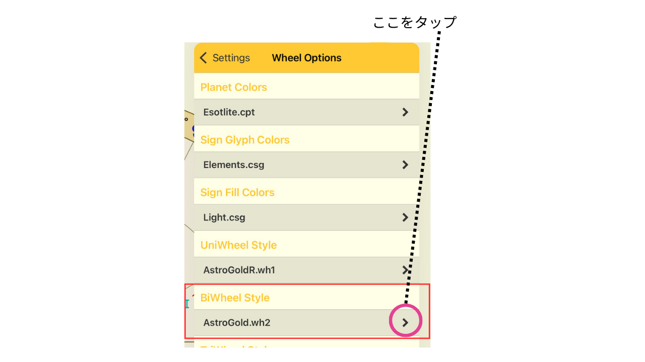 Astro Gold iOS日本語マニュアル第3章(3):BiWheel Style(二重円)のスタイル設定画面。Wheel DisplayメニューからBiWheel Styleをタップして選択する手順のスクリーンショット。