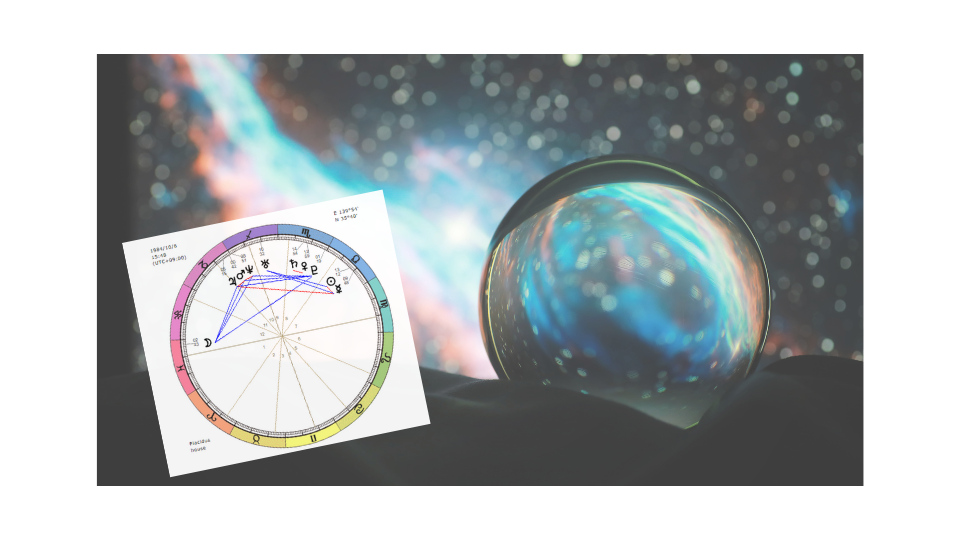 宇宙とホロスコープを描いたイラスト。占星術のテーマに合わせて星座や惑星が描かれており、神秘的な雰囲気を表現。