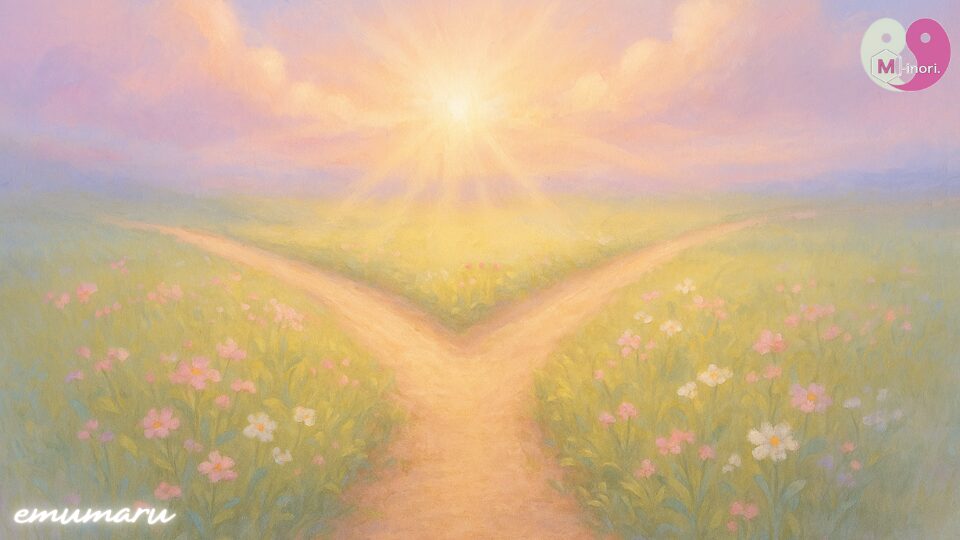 花咲く分かれ道に朝日が差し込む風景｜人生の選択肢に迷いながらも、自分の気持ちに正直になる大切さを描いたイラスト
