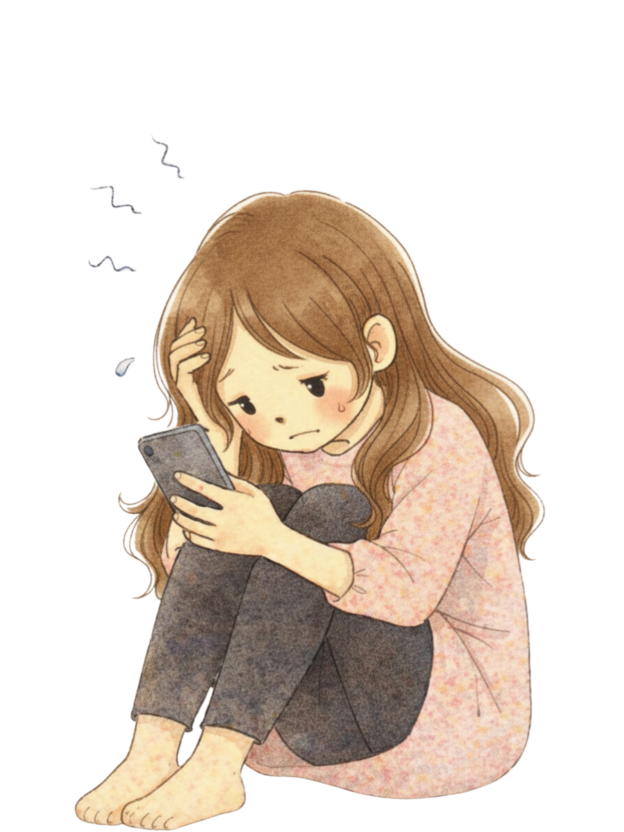 不安そうにスマホを見つめる女性の水彩イラスト