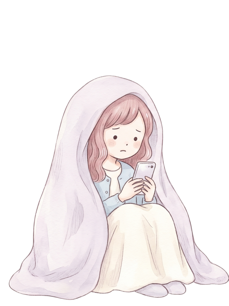 毛布の中でスマホを見ながら答えを探している女性を描いた、占い相談ページのやさしいイラスト。
