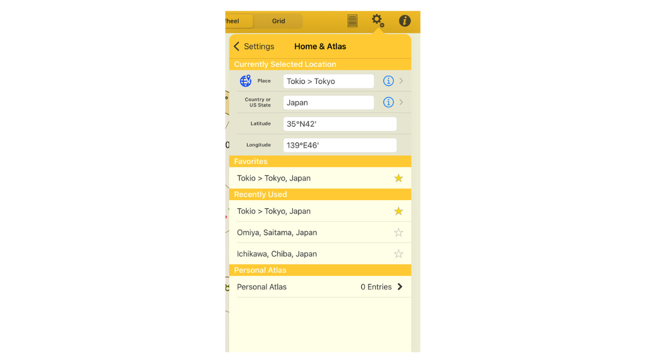 Astro Gold iOSの「Home & Atlas」設定で都市名・緯度経度・お気に入り登録を行う具体画面。Tokyoの緯度・経度・国名などが表示され、Favorites・Recently Used・Personal Atlasの項目が一覧表示されている。
