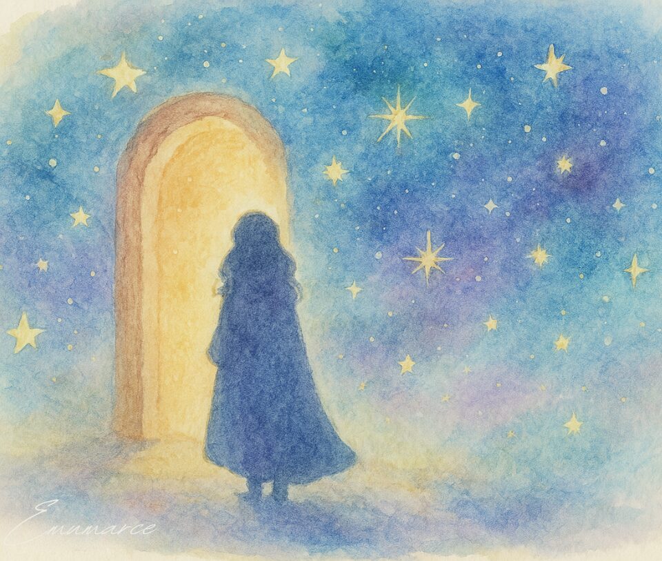 星空の前、光差す扉に立つ女性の水彩イラスト