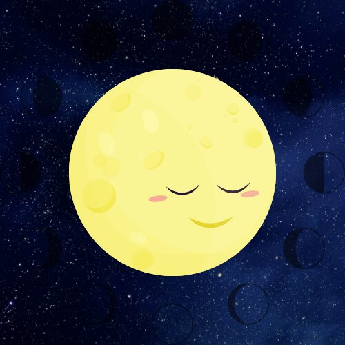 天然石の浄化方法のアイコンで夜空の背景に薄く月の満ち欠けが周りに描かれており、中心に穏やかな表情をした満月のキャラクターが描かれている