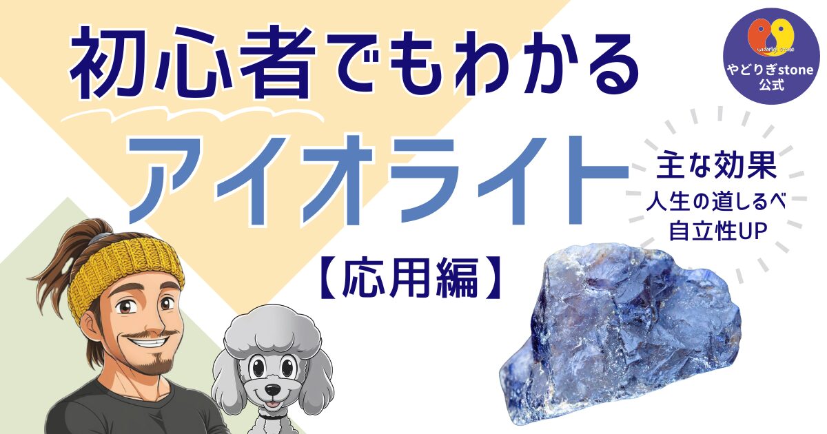 初心者でもわかるアイオライト応用編。アイオライトの原石と代表キャラクターのだっち、おーちゃんのイラスト