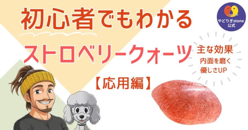 初心者でもわかるストロベリークォーツ応用編。ストロベリークォーツの原石と代表キャラクターのだっち、おーちゃんのイラスト