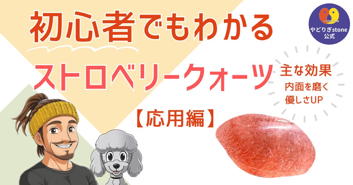 初心者でもわかるストロベリークォーツ応用編。ストロベリークォーツの原石と代表キャラクターのだっち、おーちゃんのイラスト