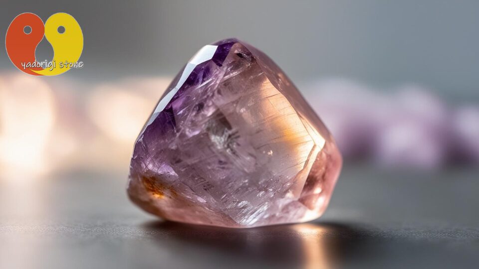 左上にやどりぎstoneのロゴマーク。背後からのあたたかい光を浴びて、内部のクラック(ひび)や層が美しく透けて輝く、荒削り(ラフカット)のアメジスト