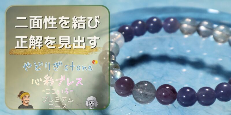 【二面性を結び正解を見出す】「やどりぎstone」のデザインブレスレット『心彩ブレス-ここいろ-』(KO-0004)のアイキャッチ画像。(ヘイロフスキーインクォーツ、ルチルクォーツ、プラチナルチルクォーツを使用)