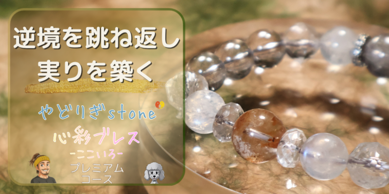 【逆境を跳ね返し実りを築く】「やどりぎstone」のデザインブレスレット『心彩ブレス-ここいろ-』(KO-0005)のアイキャッチ画像。(ガーデンクォーツ、セイクリッドセブン、プラチナルチルクォーツ、マイカムーンストーンを使用)