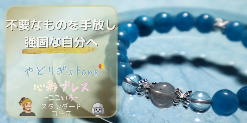 【不要なものを手放し強固な自分へ】「やどりぎstone」のデザインブレスレット『心彩ブレス-ここいろ-』(KO-0015)のアイキャッチ画像。(ヘイロフスキーインクォーツ、アパタイト、ブルートパーズを使用)