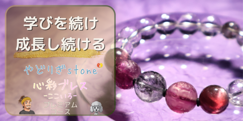 【学びを続け成長し続ける】「やどりぎstone」のデザインブレスレット『心彩ブレス-ここいろ-』(KO-0025)のアイキャッチ画像。(エレスチャル水晶、フローライト、パープルマイカ、ガーデンクォーツ、水晶を使用)