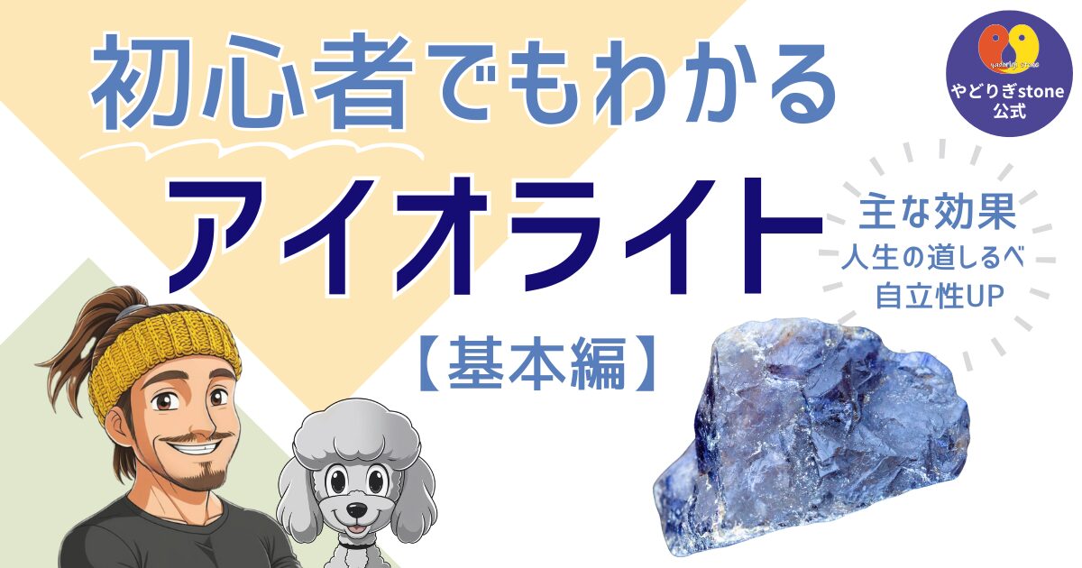 初心者でもわかるアイオライト基本編。アイオライトの原石と代表キャラクターのだっち、おーちゃんのイラスト