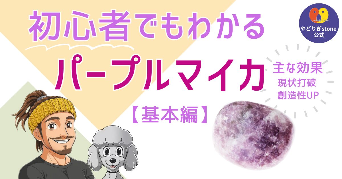 初心者でもわかるパープルマイカ基本編。パープルマイカの原石と代表キャラクターのだっち、おーちゃんのイラスト