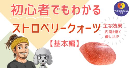 初心者でもわかるストロベリークォーツ基本編。ストロベリークォーツの原石と代表キャラクターのだっち、おーちゃんのイラスト