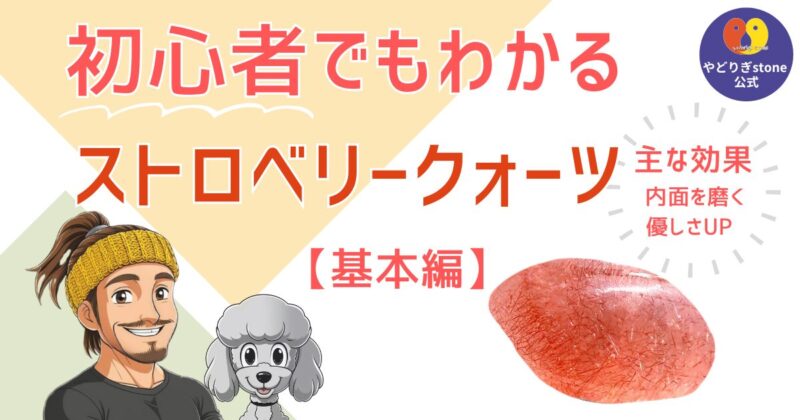 初心者でもわかるストロベリークォーツ基本編。ストロベリークォーツの原石と代表キャラクターのだっち、おーちゃんのイラスト