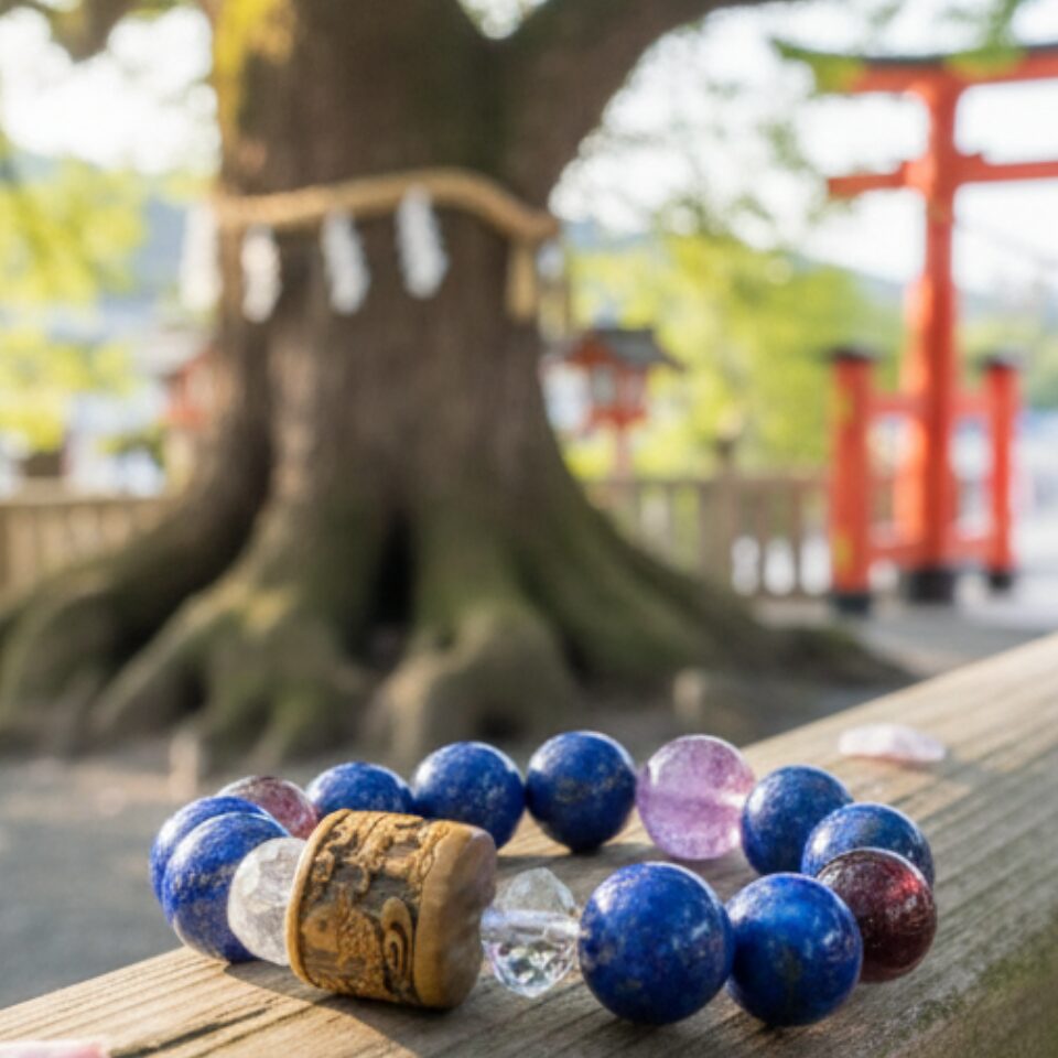 神社の御神木と赤い鳥居を背景に置かれた、木彫りパーツとラピスラズリ、パープルマイカなどの天然石を組み合わせた「おまいりブレス」
