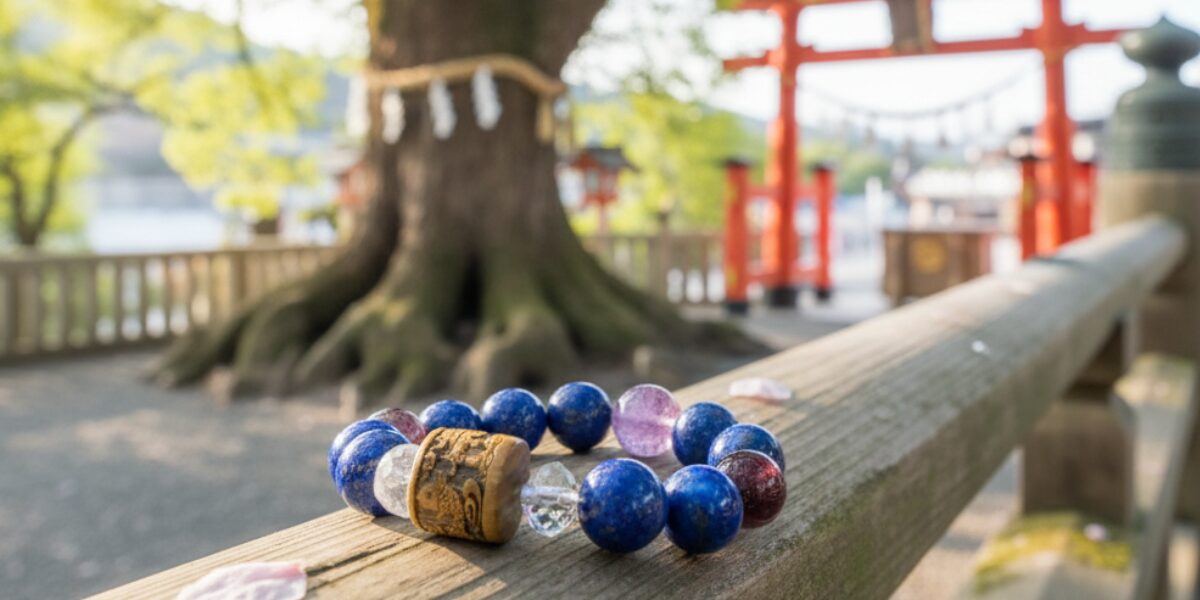 神社の境内の木製の柵の上に置かれた、ラピスラズリやパープルマイカ、魚越龍門(ぎょえつりゅうもん)が彫られた木製パーツを組み合わせたおまいりブレスレット。背景には赤い鳥居や大きなご神木が写っている