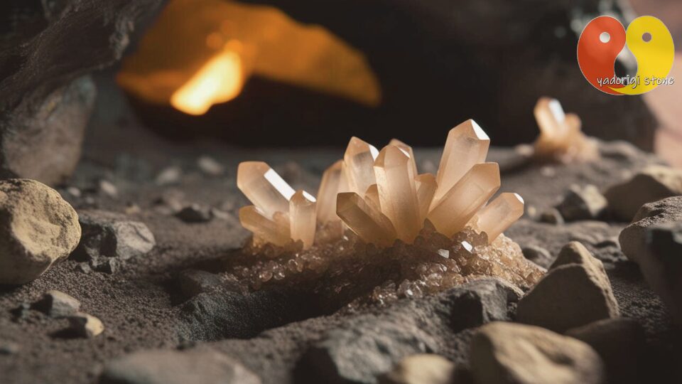 薄暗い洞窟の岩や砂の上に群生する、淡いオレンジ色をした水晶のクラスター(原石)と奥にぼやけて見える暖色の光