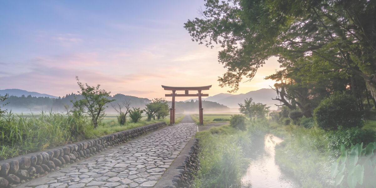 朝霧に包まれた石畳の参道と小川の風景。道の奥には赤い鳥居が立ち、木々の間からやわらかな朝日が差し込んでいる