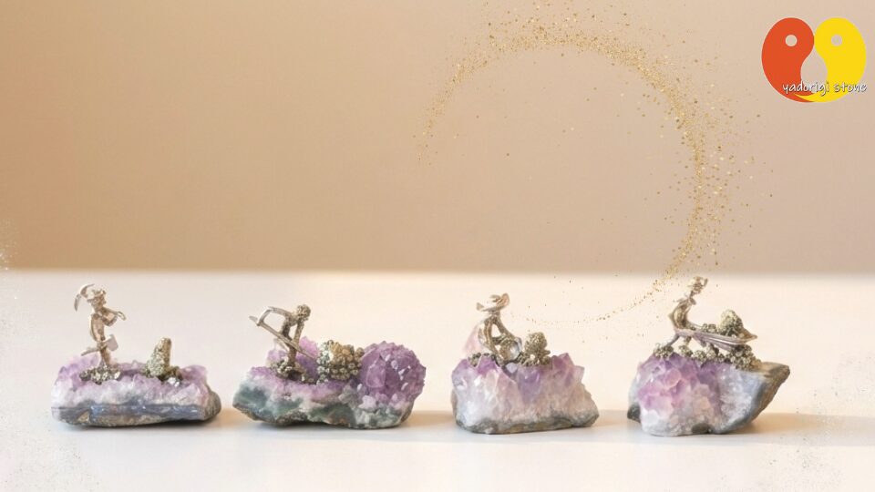 アメジストを採掘するメタルの人形にやわらかな光があたっている