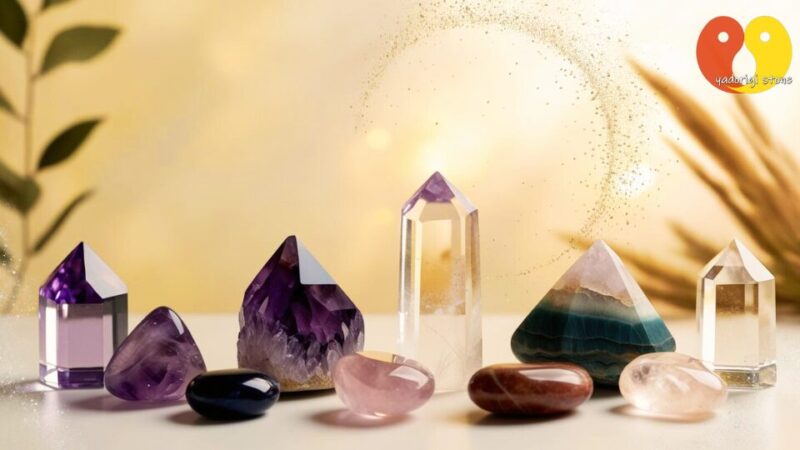 透明感のあるさまざまな天然石に光があたっている